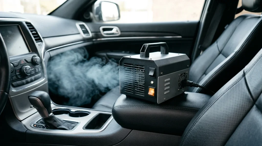 A portable ozone generator machine running inside a car cabin.