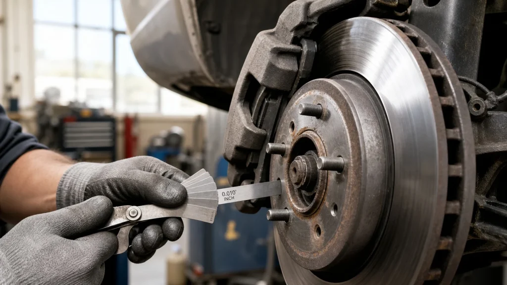 Measuring the clearance gap between the rotor surface and the caliper pad backing plate using a feeler gauge.