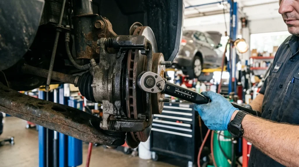 Torquing a high-strength caliper bracket mounting bolt using a torque wrench.