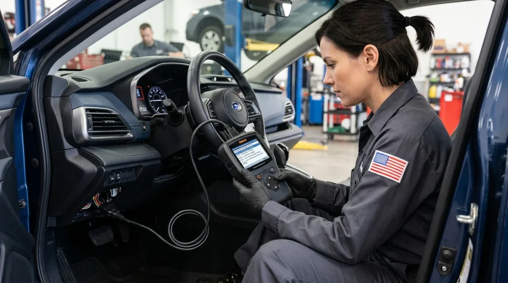 A mechanic diagnosing the Supplemental Restraint System SRS of a vehicle using a scan tool.