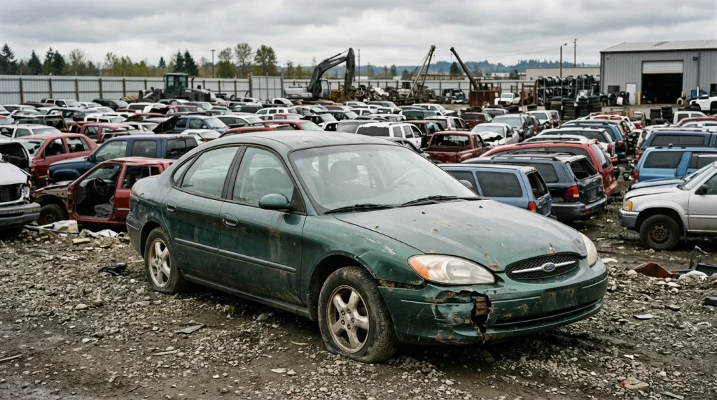 A damaged car parked in a salvage yard waiting for total loss evaluation.