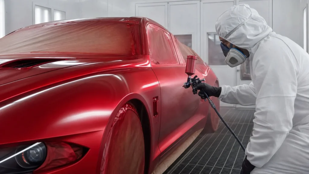 Is It Cheaper to Wrap or Paint a Car? 2026 Cost Guide 3 A red sports car receiving a professional paint job in a paint booth