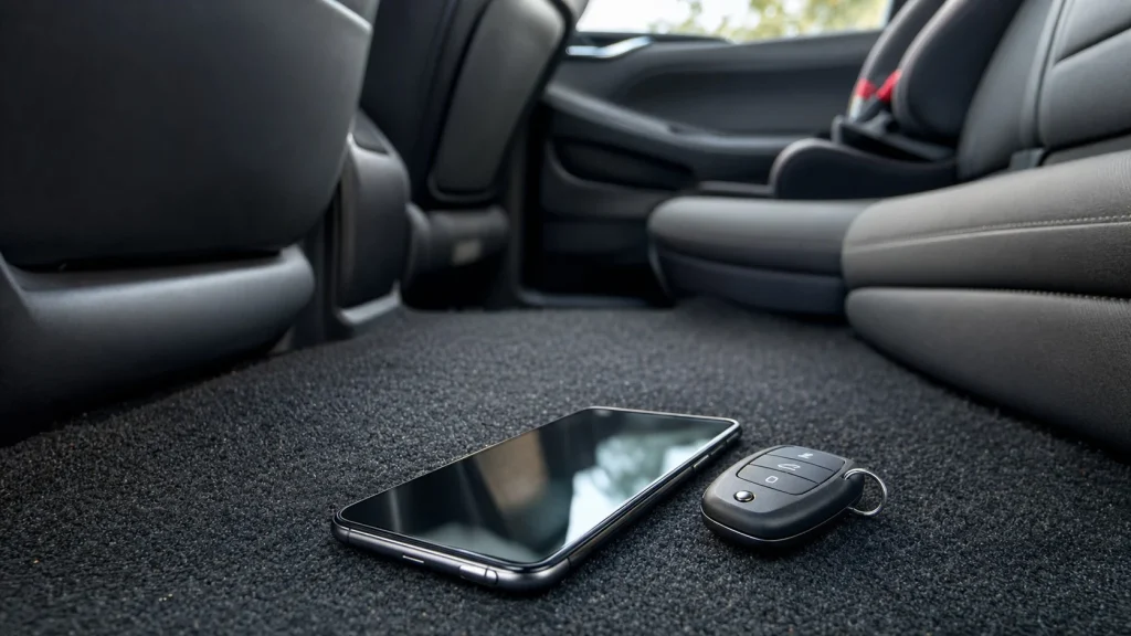 A smartphone and set of car keys placed on the floor of the vehicle's back seat.