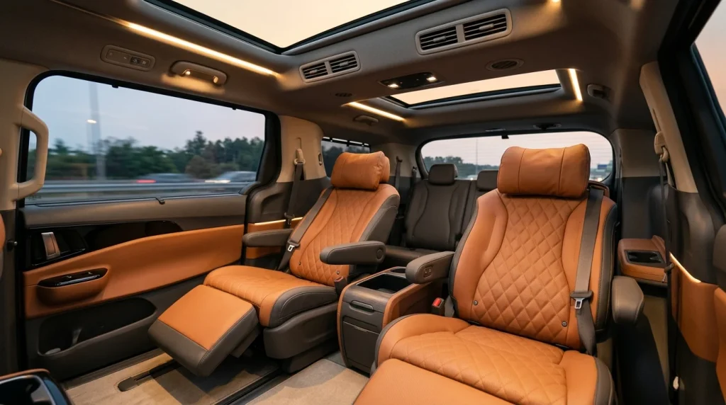 Overhead air vents and reclining seats inside a Kia Carnival