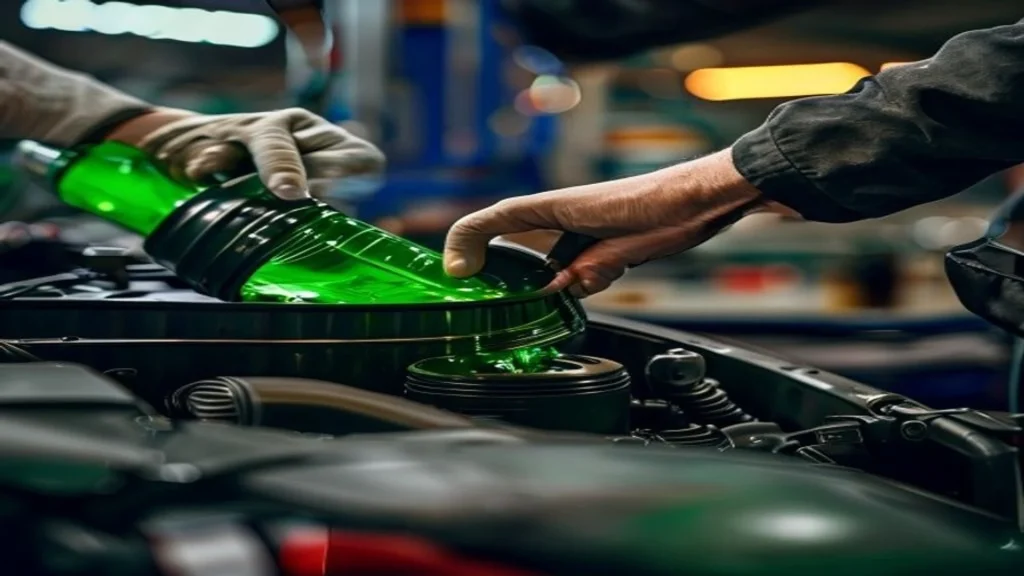 What Coolant Can I Use for BMW? G48 vs HT-12 2026 Guide 4 Pouring green coolant into a modern car engine expansion tank.
