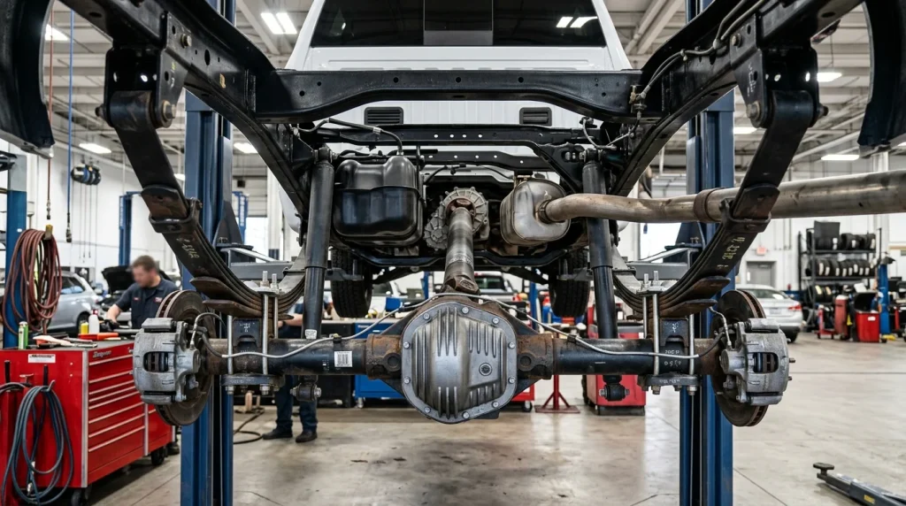 What Does 4x2 Mean on a Truck? 2026 Drivetrain Guide 2 Underneath view of a rear wheel drive truck axle and driveshaft components