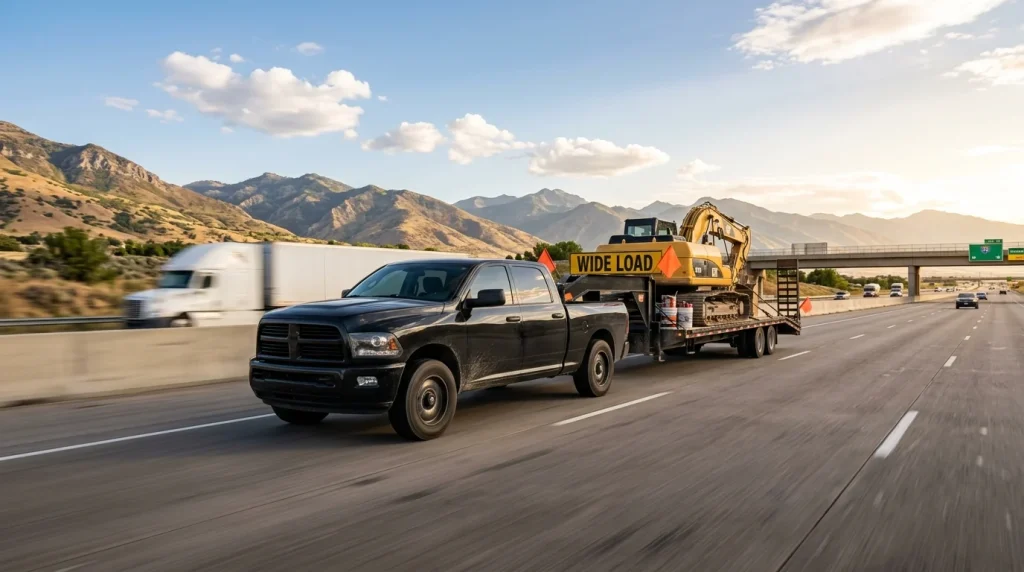 What Does 4x2 Mean on a Truck? 2026 Drivetrain Guide 3 A black pickup truck towing a flatbed trailer on a paved highway