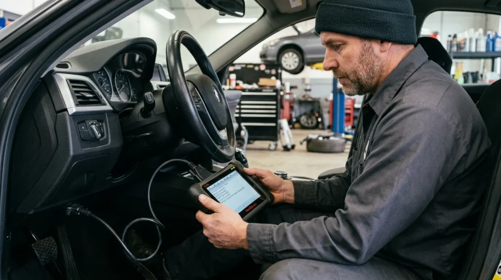 Connecting an OBD-II diagnostic scanner to read codes on a BMW