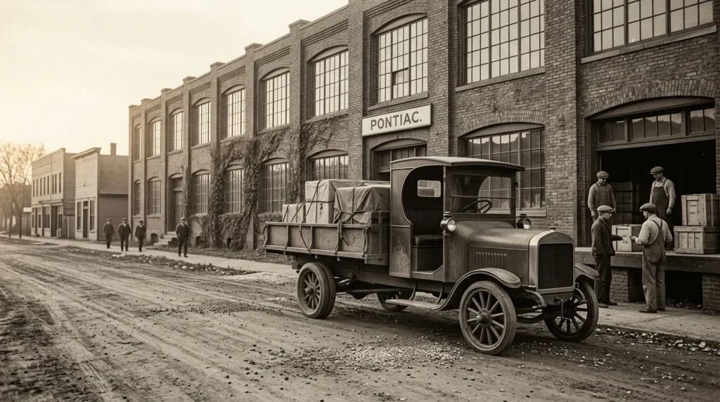 A vintage commercial truck from Rapid Motor Vehicle Company parked outside a Pontiac factory in the early 1900s.