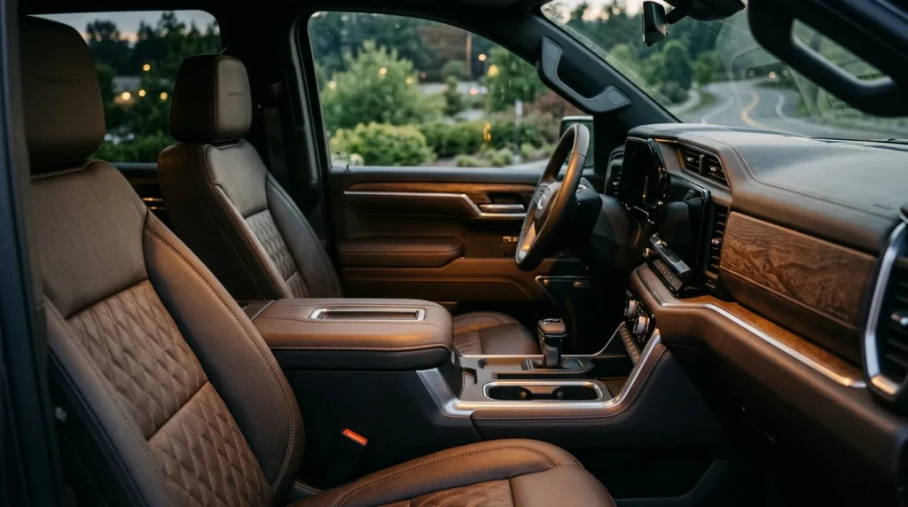 Premium interior cabin of a GMC Sierra Denali Ultimate showing leather seats and wood trim.
