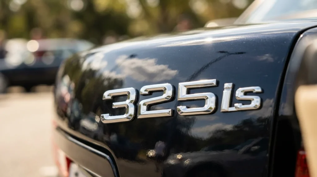 Close-up detail of the classic BMW 325is badge on the rear trunk lid.