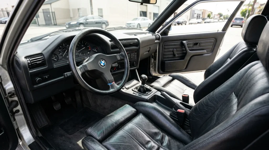 Interior view of a classic BMW E30 showing the standard leather sport seats and three-spoke steering wheel.
