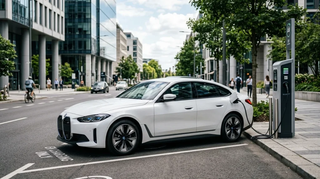 A white 2026 BMW i4 electric sedan parked and charging at a public charging point.