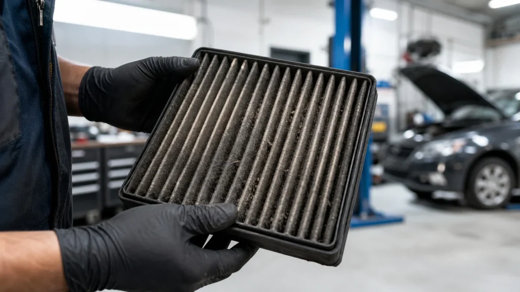 A mechanic inspecting a dirty, dust-clogged car engine air filter against a light source.