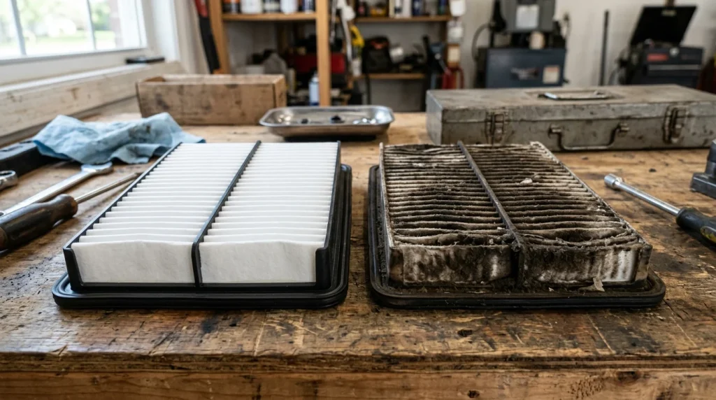 Side-by-side comparison of a clean new engine air filter and a dirty clogged one.