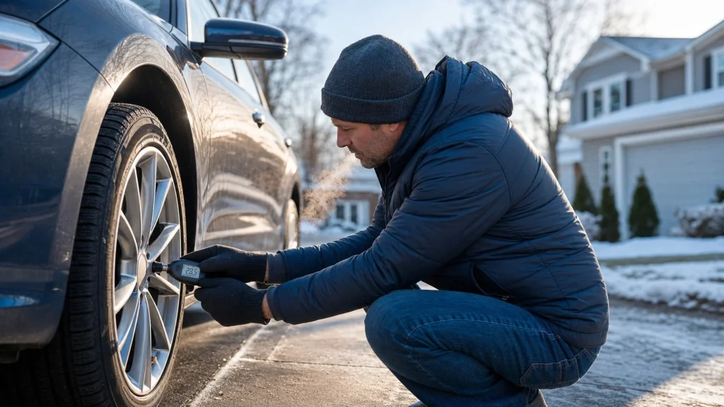 What Does the Exclamation Point Mean in a Car? Dashboard Warnings Explained 4 A driver checking the tire pressure of a car with a digital tire gauge on a cold morning.