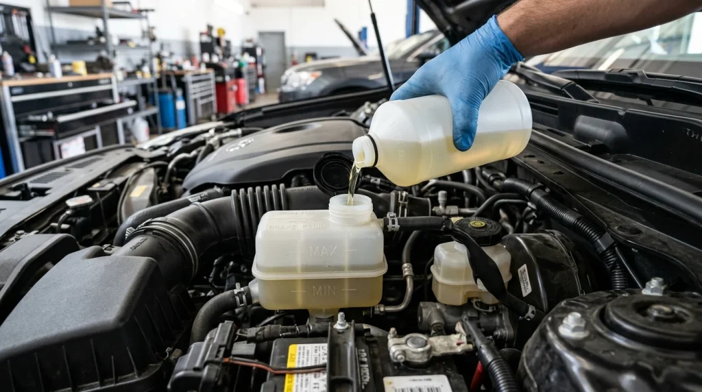 What Does the Exclamation Point Mean in a Car? Dashboard Warnings Explained 5 A person filling the brake fluid reservoir in a car engine bay.