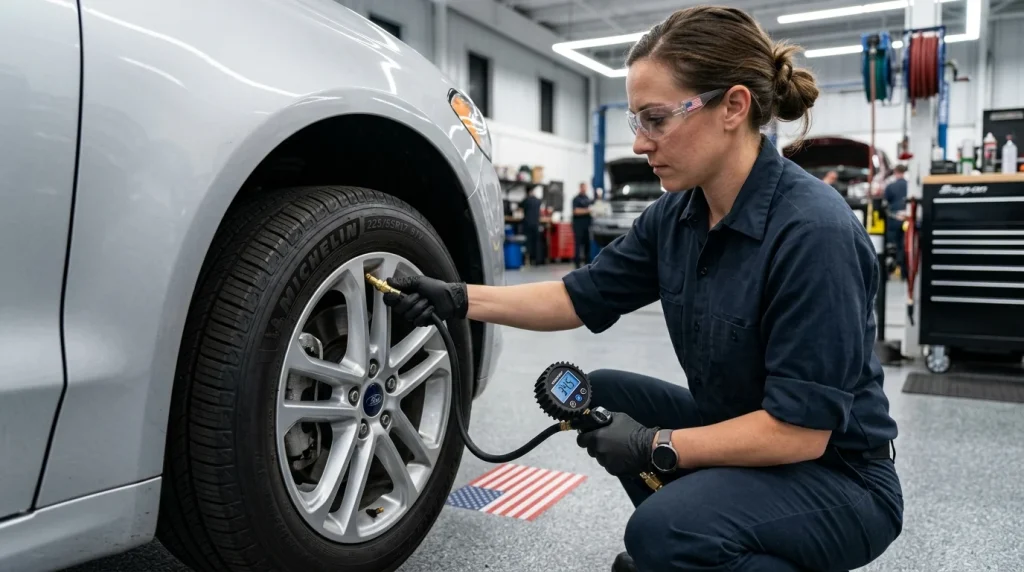 A technician inflating a tire to check the correct PSI pressure.