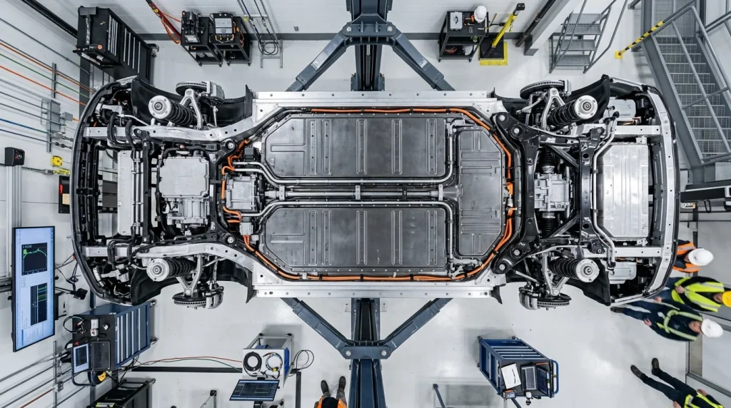 The heavy battery pack casing on the chassis of an electric vehicle.