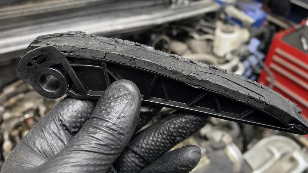 A worn and cracked plastic timing chain guide from a BMW engine held by a mechanic.