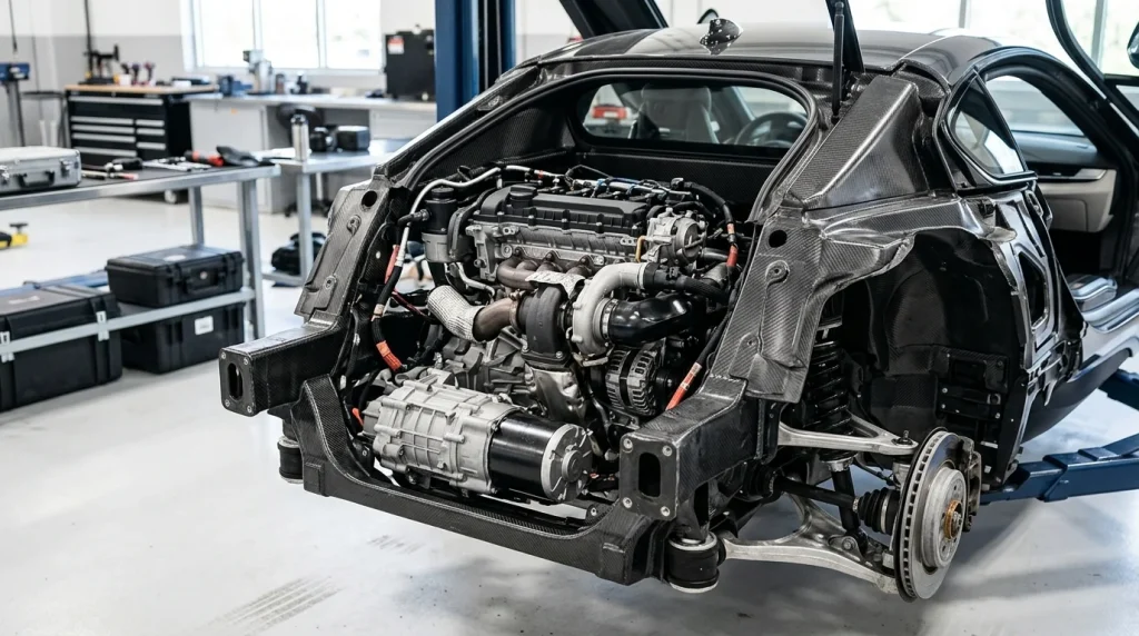 Detailed view of the rear 1.5-liter three-cylinder engine in the BMW i8 chassis.