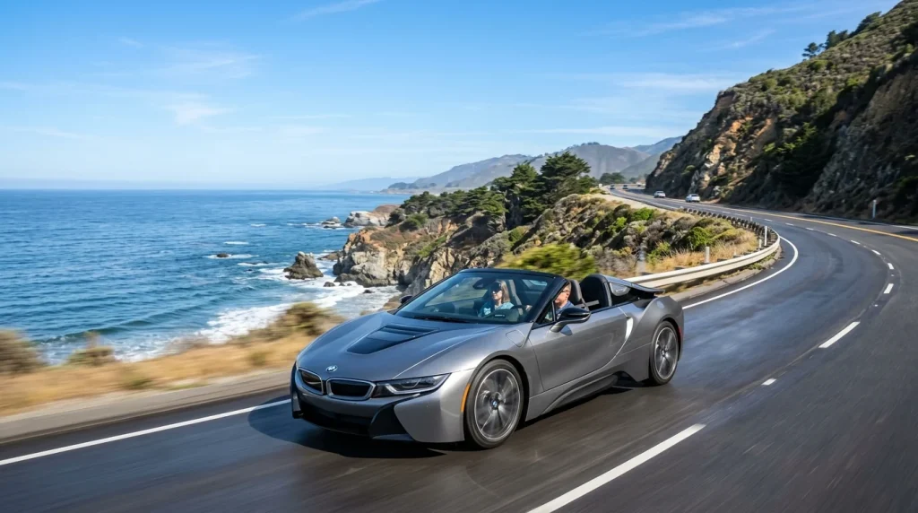 Grey BMW i8 Roadster cruising on a scenic U.S. coastal highway.