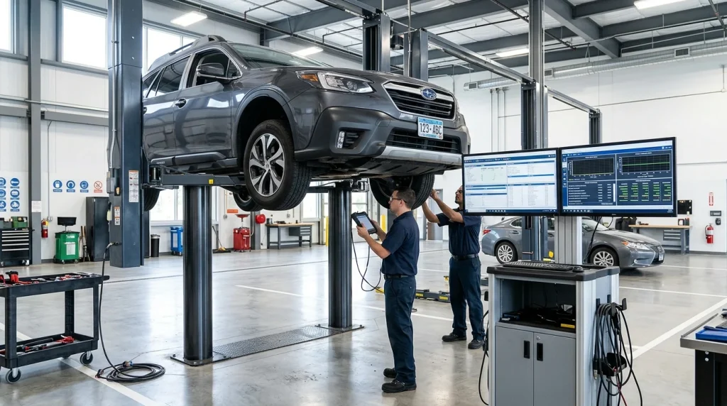 A vehicle safety systems inspection being performed on a car in a garage.