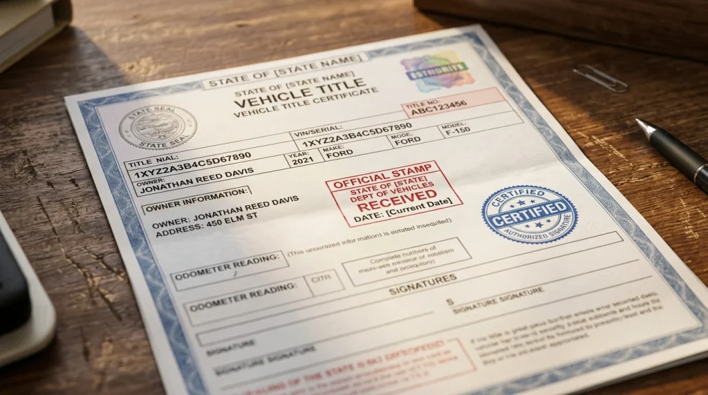 A branded vehicle title certificate lying on a desk.