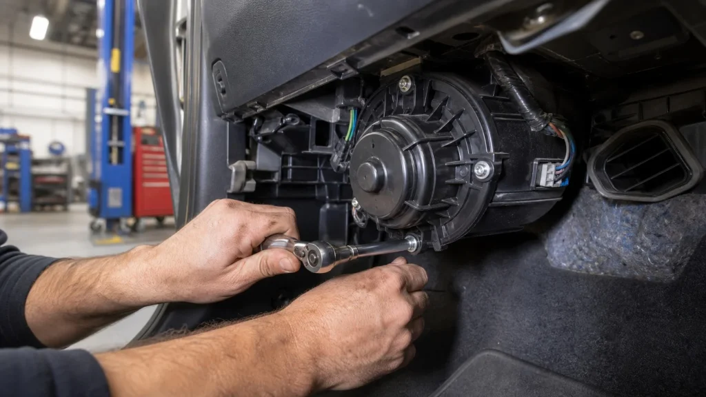 What Is a Car Blower Motor? Function, Cost & Replacement Guide 2 A mechanic unscrewing mounting bolts to remove a blower motor from under the passenger-side dashboard.