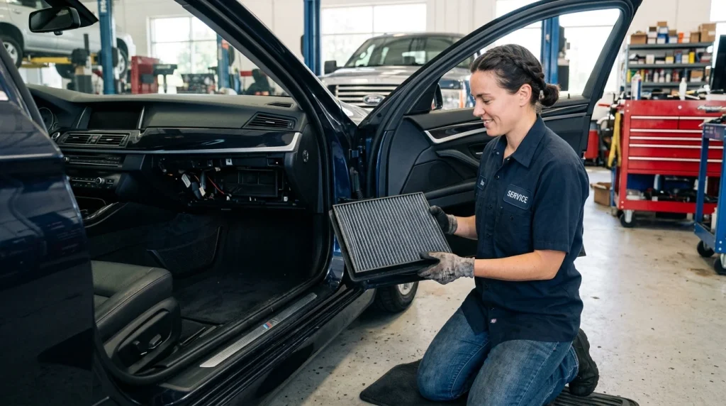 What Is a Microfilter on a BMW? 2026 Costs & Replacement Guide 2 A mechanic holding a new activated carbon cabin air filter next to a BMW footwell