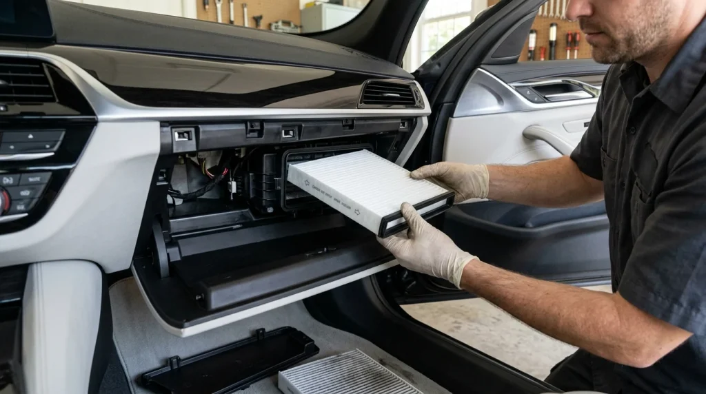 What Is a Microfilter on a BMW? 2026 Costs & Replacement Guide 3 Installing a new cabin air filter behind the glovebox of a BMW