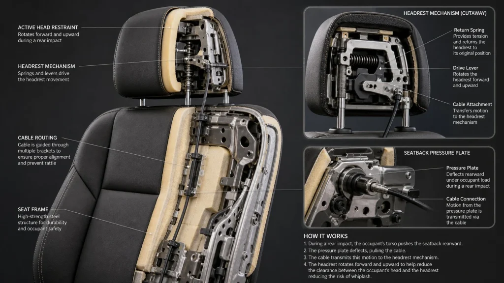 Inside a car seat showing the mechanical linkage of an active head restraint.