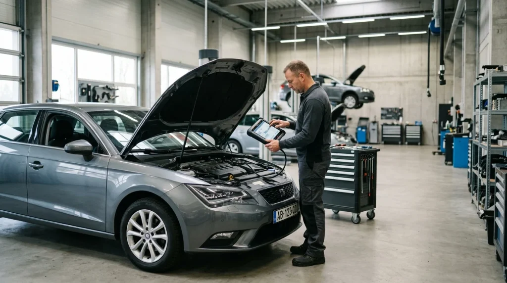 A professional mechanic performing engine diagnostics on a vehicle inside a local service center.