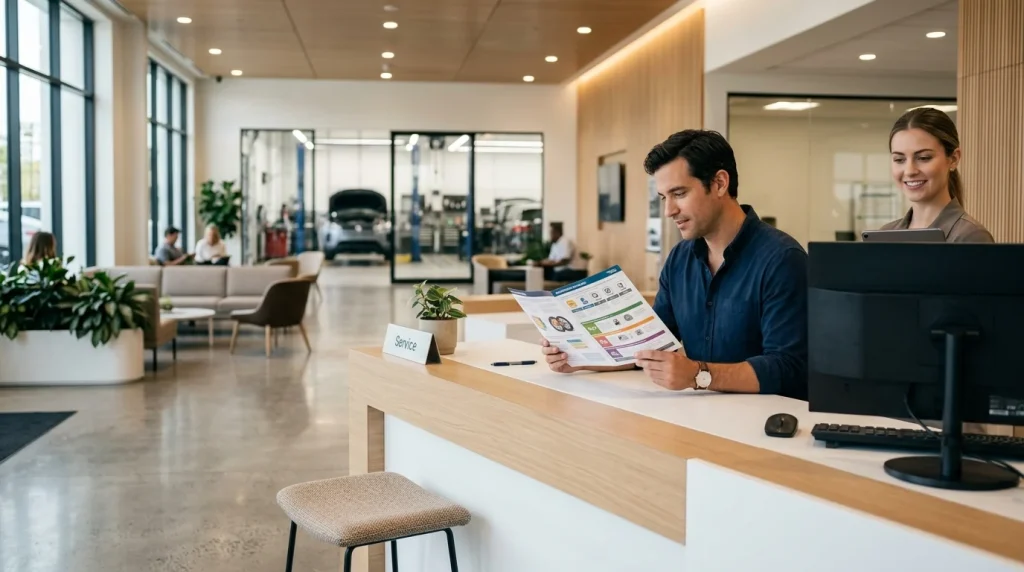 A customer reviewing a vehicle service brochure at a maintenance center desk.