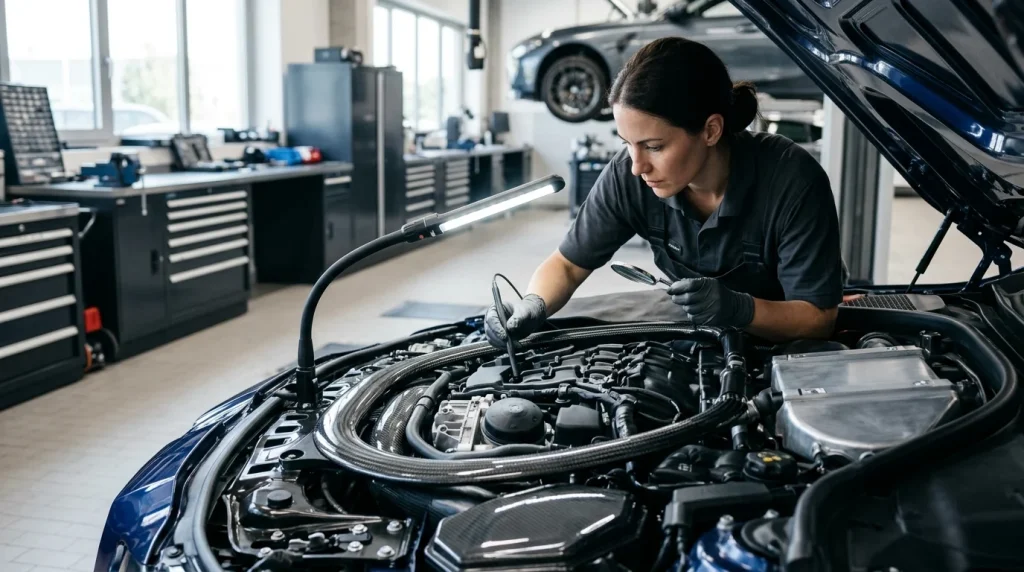 Professional car mechanic inspecting a luxury vehicle engine during routine maintenance