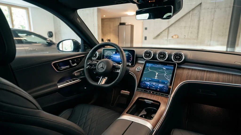 Showroom of a luxury car dealership showcasing premium sedans and SUVs