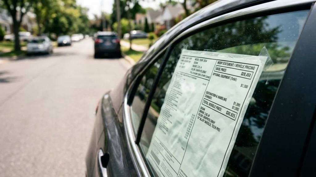 What Is MSRP? 2026 Guide to Negotiating Below Sticker Price 4 A close-up view of a Monroney window sticker showing standard pricing components.
