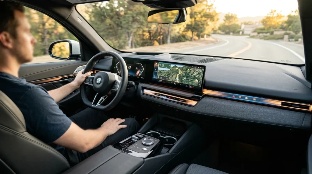 Rear view of a 2026 BMW X5 showing its open cargo space and split tailgate design.
