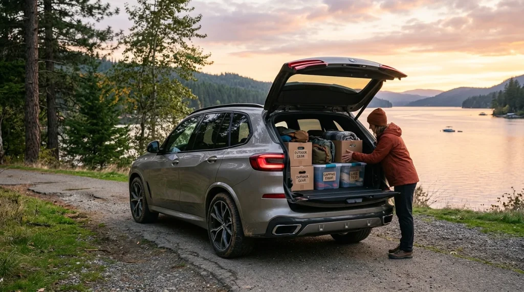 A 2026 BMW X5 towing a travel trailer on a highway.