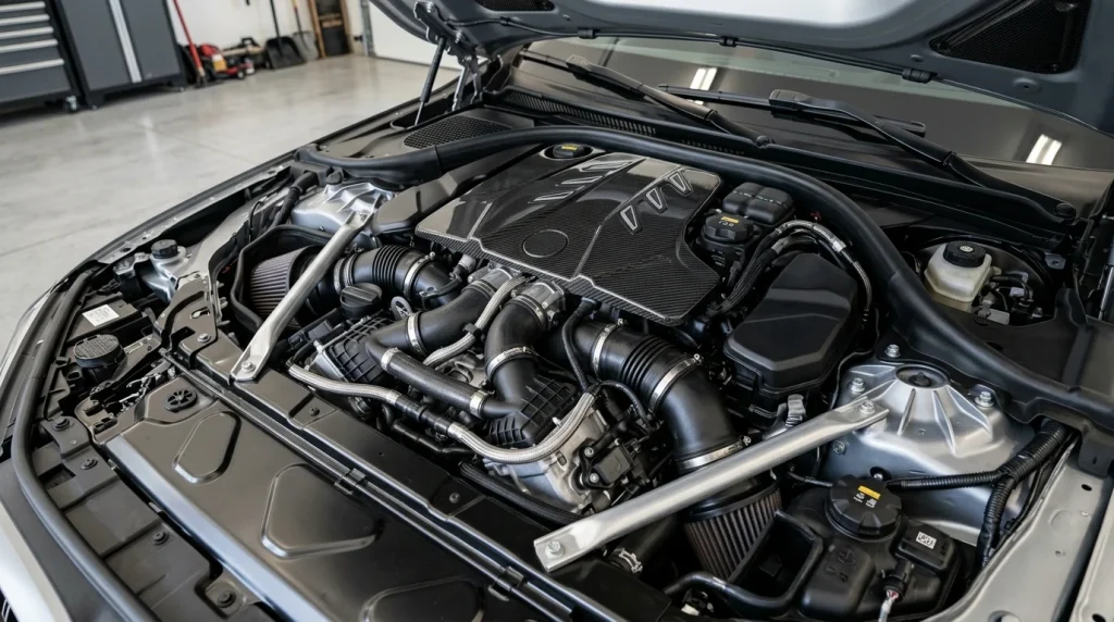 The detailed engine bay and hybrid V8 powertrain of a 2026 BMW M5 sedan in a garage