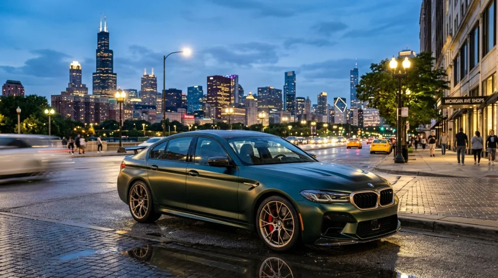 A limited-edition 2022 BMW M5 CS parked on an Chicago street at twilight