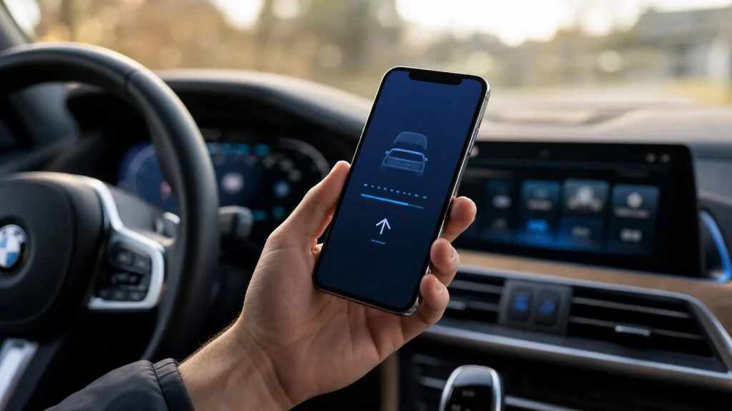What Is the Latest BMW Software Update? (2026 Guide) 2 A smartphone displaying the software update status on the My BMW App inside a vehicle cabin.