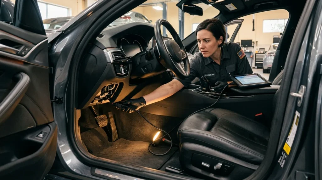 What Is the Latest BMW Software Update? (2026 Guide) 3 An automotive technician connecting a diagnostic cable to a vehicle's OBD port.