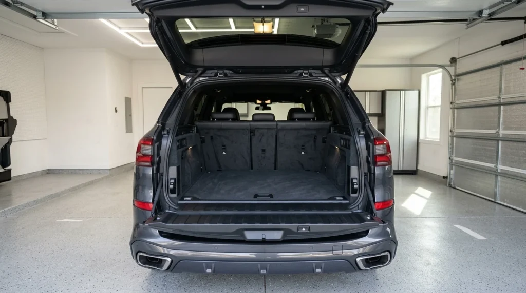 Open trunk and split tailgate of a BMW X5 showing the rear cargo capacity.