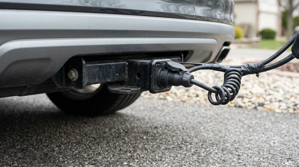 Close-up of the factory integrated towing hitch and seven-pin connector on an Audi Q7