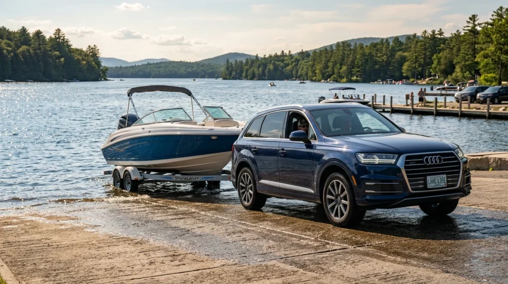 Audi Q7 towing a recreational boat on a trailer at a lake launch ramp
