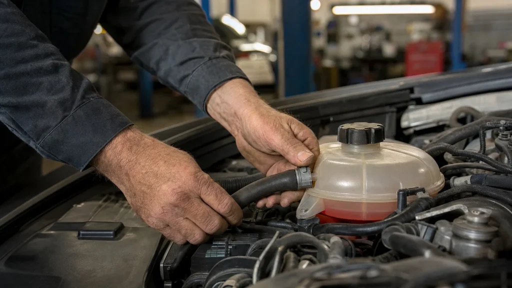 What Mileage Do BMWs Start to Break Down? The Critical Points 2 A mechanic inspecting a BMW engine bay focusing on the plastic cooling system.