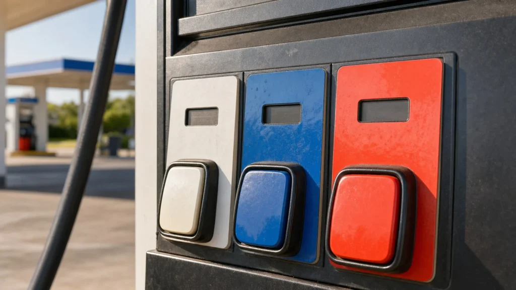 Gas station pump buttons displaying octane grades in the United States