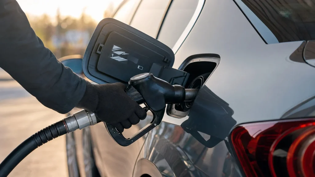A close-up of a fuel nozzle being inserted into a BMW gas tank