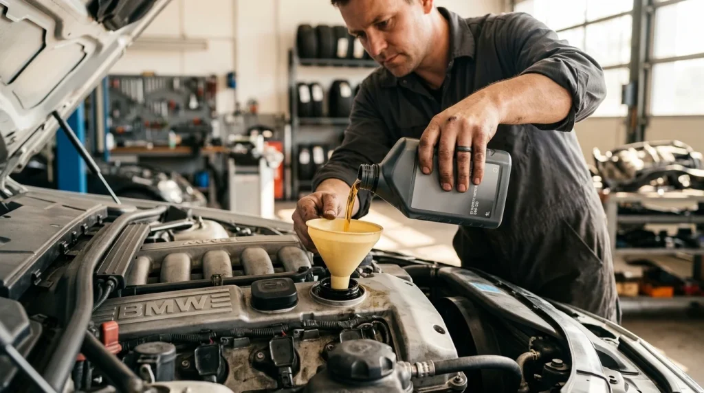 A mechanic pouring synthetic engine oil into a BMW N52 engine.